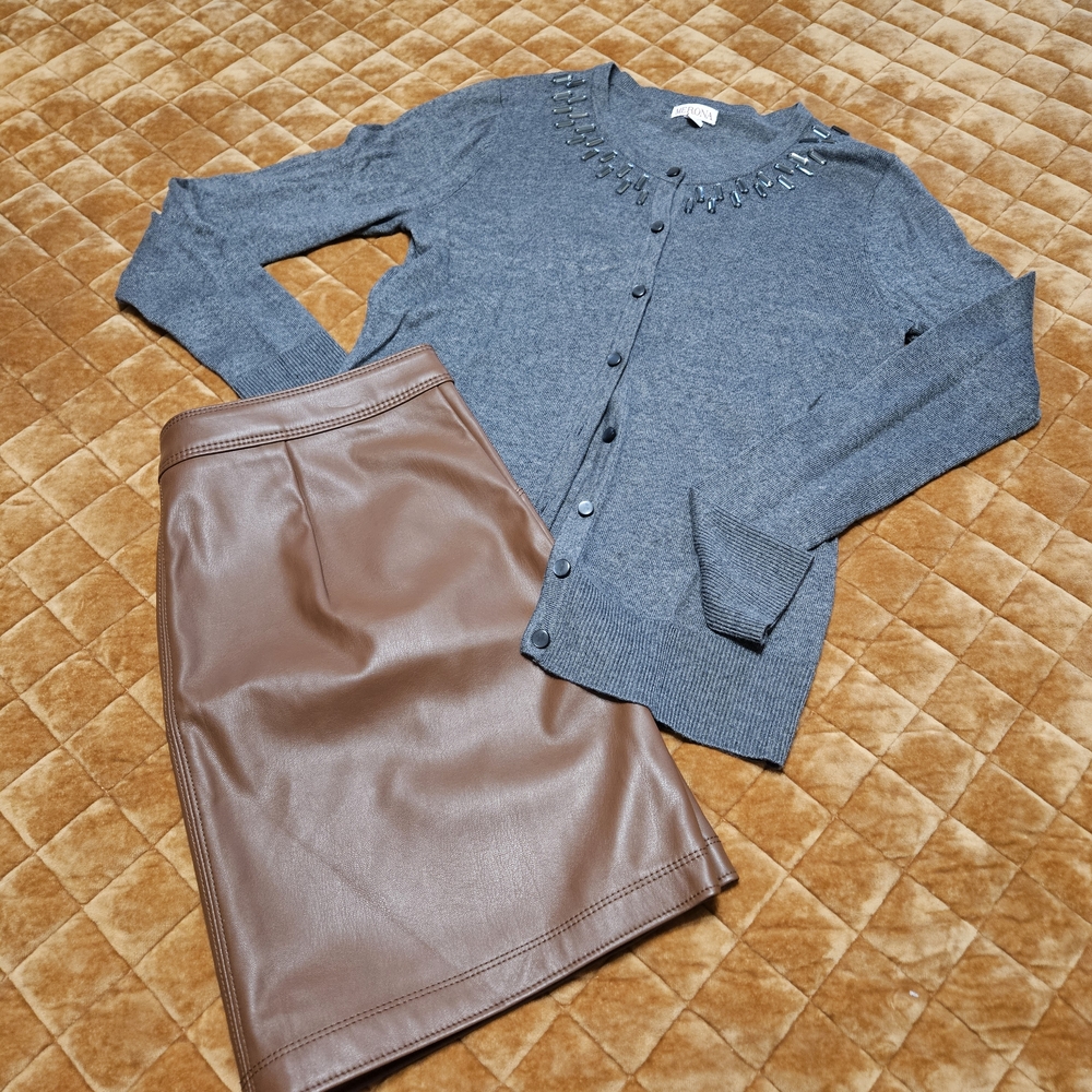 Set Merona Gray Jeweled Cardigan & Brown Faux Leather Ann Taylor Skirt M L